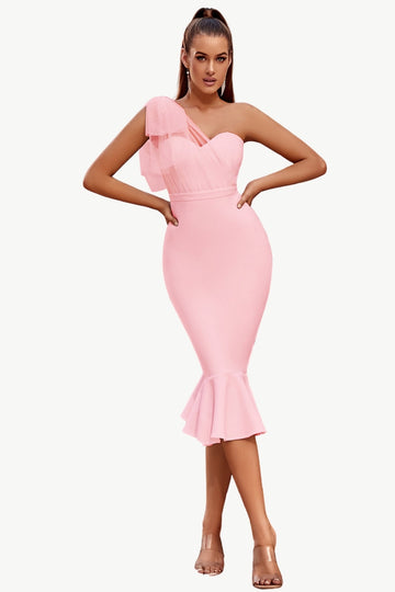 Pink One Shoulder Mermaid Midi Cocktail Dress
